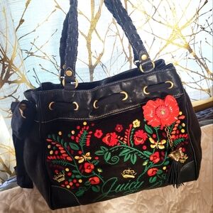 JUICY COUTURE Y2K VINTAGE RARE HTF EMROIDED FLORAL BLACK PURSE BEAUTIFUL EUC